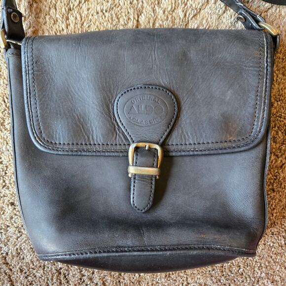 Vintage ALDO Leather Shoulder Bag Purse Black Y2K 90s Satchel Buckle Minimalist - Picture 2 of 10